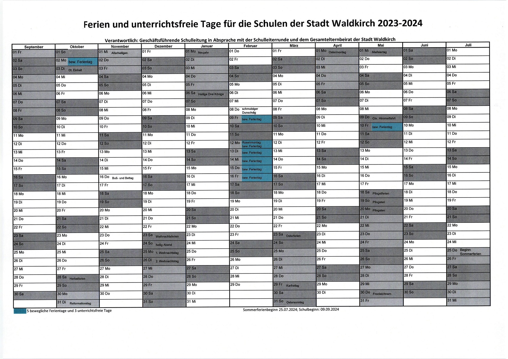 Ferienplanung Waldkircher Schulen 2023 24
